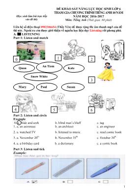 Đề khảo sát năng lực học sinh Tiếng anh lớp 6 - Năm học 2016-2017
